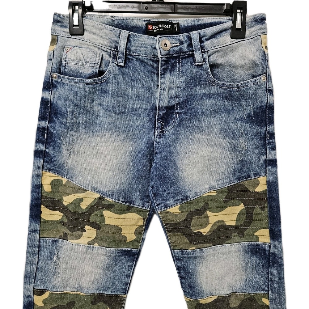 Southpole Jeans Kids SZ 16 Blue Camo Moto Acid Wash Denim Pants Streetwear Retro